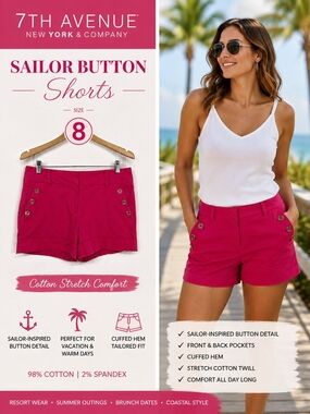 New York & Company 7th Avenue Hot Pink Cuffed Sailor Button Shorts Women Size 8